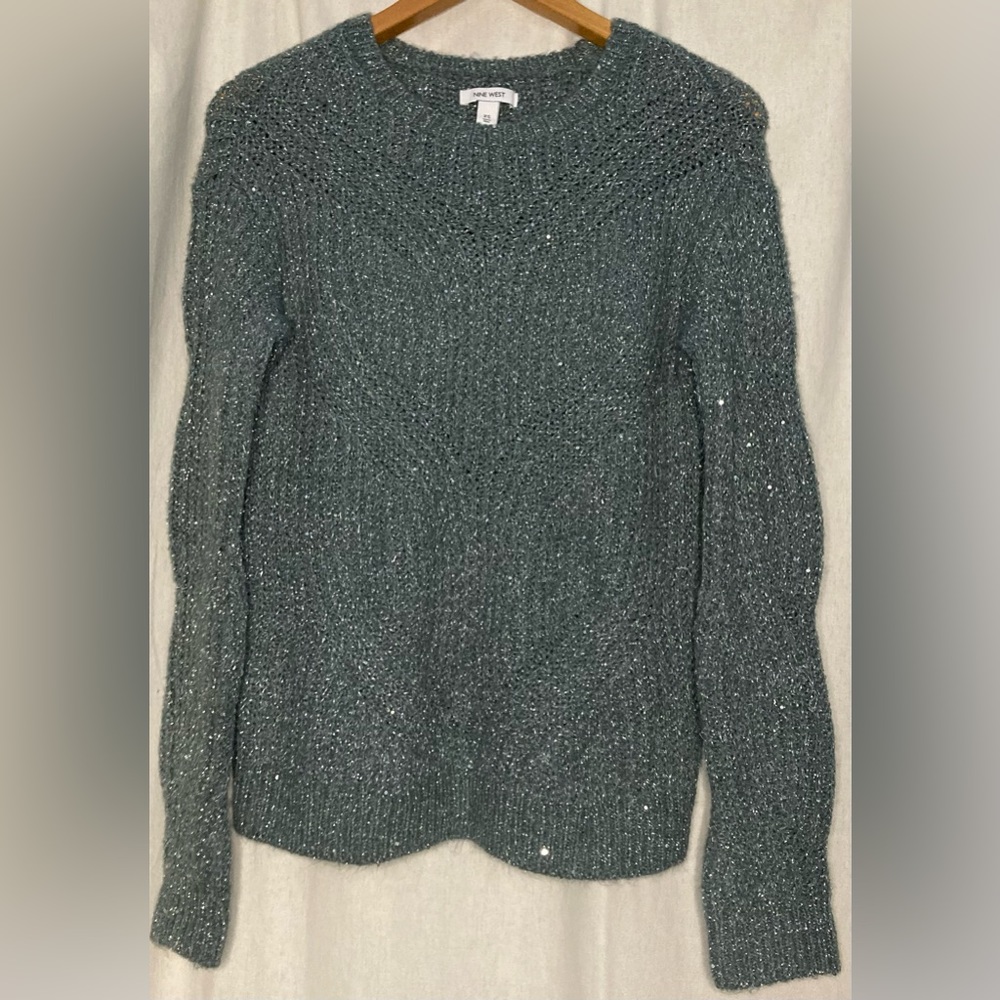 Nine West Brand Knit Sweater with Glitter/Sequins, Blue/Gray, Size XS
